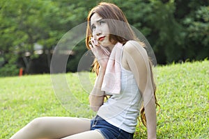 Woman sitting rest after exercise