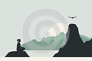 Woman sitting on a rock as mindfulness, meditation, or yoga concept