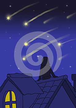 woman sitting on the roof of the house looking at shooting stars illustration