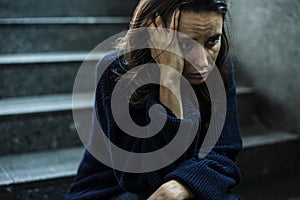 Woman Sitting Stressful on The Stairway