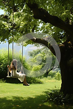 A woman sitting on a swing on a tree