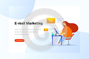 Woman sitting at Table with Computer and sending Email Flat vector illustration. Landing Page design template