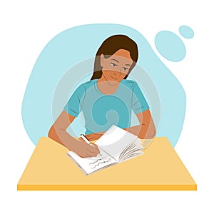 Woman sitting at a table or desk thinking and writes notes in her diary or journal. Girl work or study flat concept. Femal mental