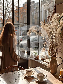 a woman is sitting at a table in front of a window looking out