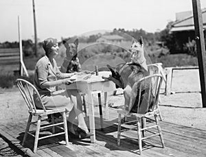 Woman sitting at table outside with three dogs photo