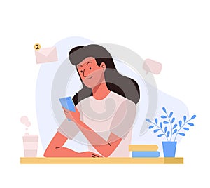 Woman sitting at the table with phone. Office workplace. Vector illustration in flat design