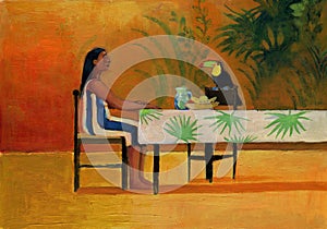 Woman sitting at the table with a toucan photo