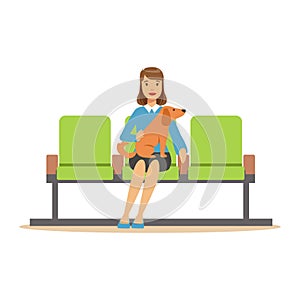 Woman sitting in waiting hall with her pet dog and expecting for visiting a doctor. Colorful cartoon character