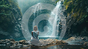 A woman sitting by a waterfall feeling the mist on her face and finding peace in the moment