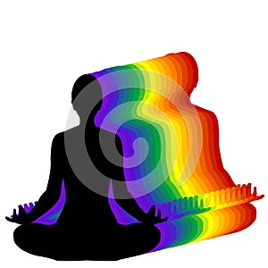 Woman sitting in yoga lotus position with aura