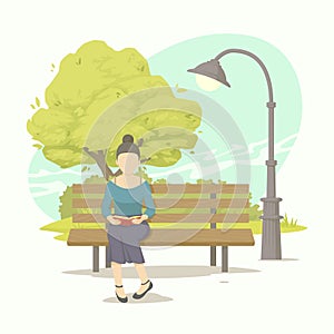 Woman sittting on a bench with a book in the public park. Reading, studying, relaxing. Lush greenery in the background. Vector