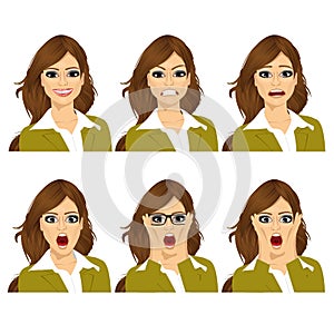 Woman on six different face expressions set