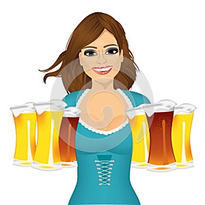 Woman with six froth beer mugs