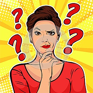 Woman skeptical facial expressions face with question marks upon head. Pop art retro illustration