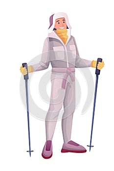 Woman with ski poles in hands. Vacation at mountain recreation resort vector illustration. Young happy girl in