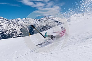 Woman skier accident crash on a ski slope with ski flying, Solden, Austria
