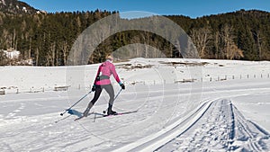 Woman skiers ski trails for cross country skiing