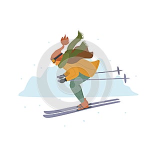 Woman skiing downhill in winter mountains resort cartoon isolated vector illustration
