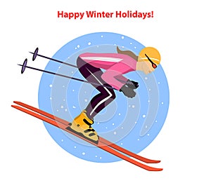 Woman skiing downhill. Winter sport activity