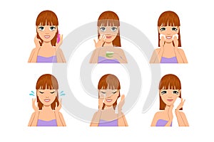 Woman skin care. Cartoon beautiful girl cleaning and washing face with water and soap after makeup. Beauty body