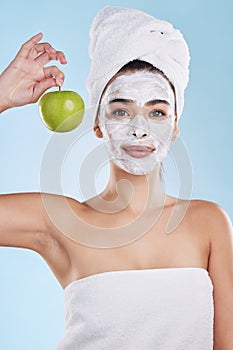 Woman, skincare and apple face mask, organic beauty and wellness for healthy face, fresh facial and natural clean