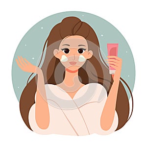 Woman skincare beauty daily routine. Young girl with moisturise face skin. Flat vector photo