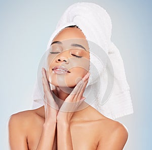 Woman, skincare and beauty with spa, routine and cosmetics for wellness in white background. Female person, eyes closed
