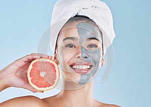 Woman, skincare and grapefruit face mask, organic beauty and wellness for healthy face, fresh facial and natural clean
