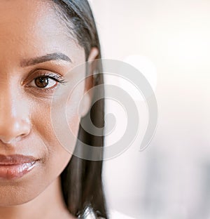 Woman, skincare and half portrait on blurred background for natural makeup, wellness and dermatology results with bokeh