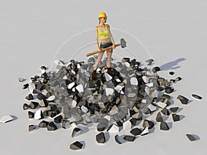 Woman with a sledgehammer standing on a debris