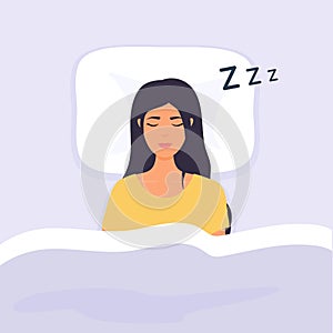 Woman sleep in bed. Person having a dreamful slumber in bed on a pillow with some sleeping sound