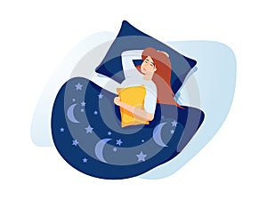 Woman sleep with cat. Person rest in the bed on the pillow late at night. Peaceful dream and relax. Vector illustration
