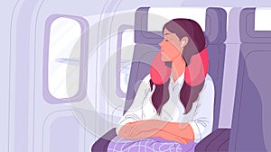 Woman sleep in flight with pillow around her neck in airplane seat