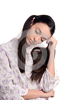 Woman sleeping. Beautiful girl in pajamas falling asleep.