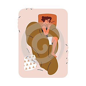 Woman sleeping in bed. Girl asleep, lying on side, top view. Character dreaming, slumbering with pillow, blanket