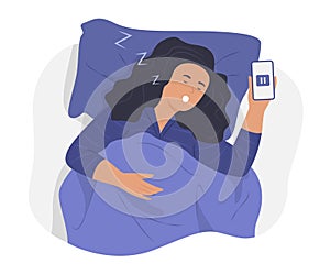 Woman Sleeping in Bed with Mobile Phone in Hand Concept Illustration