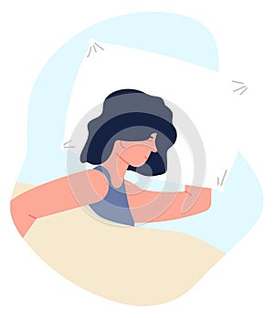 Woman sleeping in bed round icon. Rest and relaxation symbol