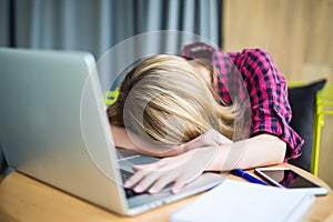 Woman sleeping office worker break digital device concept