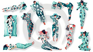 Woman sleeping on pillow with pillow in various poses. Modern illustration of sleeper girl in pyjamas and mask lying on