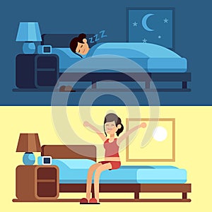 Woman sleeping waking up. Girl relaxing bedroom night, awake morning stretching sitting on mattress. Female good sleep