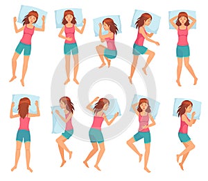 Woman sleeps in different poses. Healthy night sleep, sleeping pose and female character sleep on pillow cartoon vector
