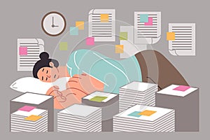 Woman sleeps in office among documents due to overwork caused by abundance paperwork and deadlines