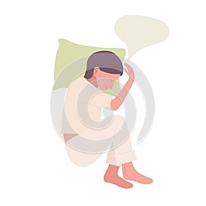 Woman sleeps on side in bed in pajamas and dreams. What woman dreams of, place for your text. Flat cartoon vector illustration.