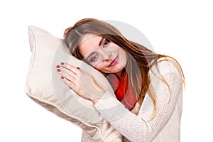 Woman sleepy tired with pillow almost falling asleep