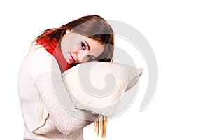 Woman sleepy tired with pillow almost falling asleep