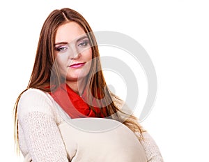 Woman sleepy tired with pillow almost falling asleep