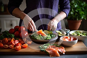 woman slicing ingredients for smoked salmon bruschetta