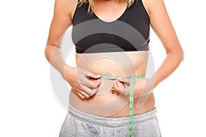 Woman slim stomach with measuring tape around it