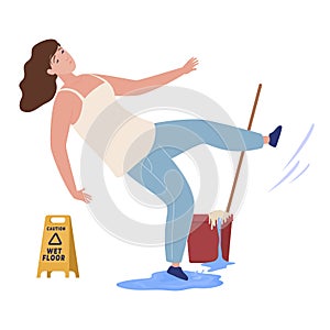 Woman slipped on puddle caution wet floor washing isometric vector illustration