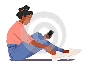 Woman Slouches, Engrossed In her Smartphone. Female Character Perform Improper Pose. Girl Sitting on Floor